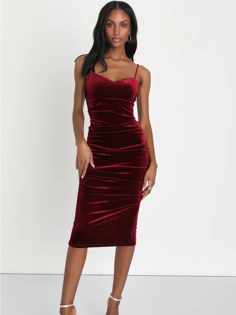 NWOT Lulus Women’s Deep Red Velvet Midi Dress - Size Small